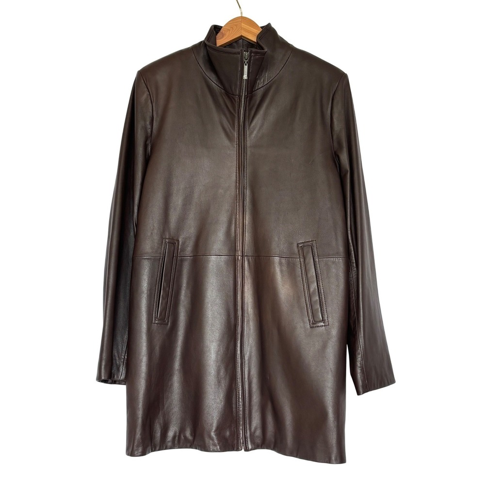Cole Haan Mens Brown Lambskin Leather Car Coat Jacket Removable Liner Medium - Picture 4 of 15